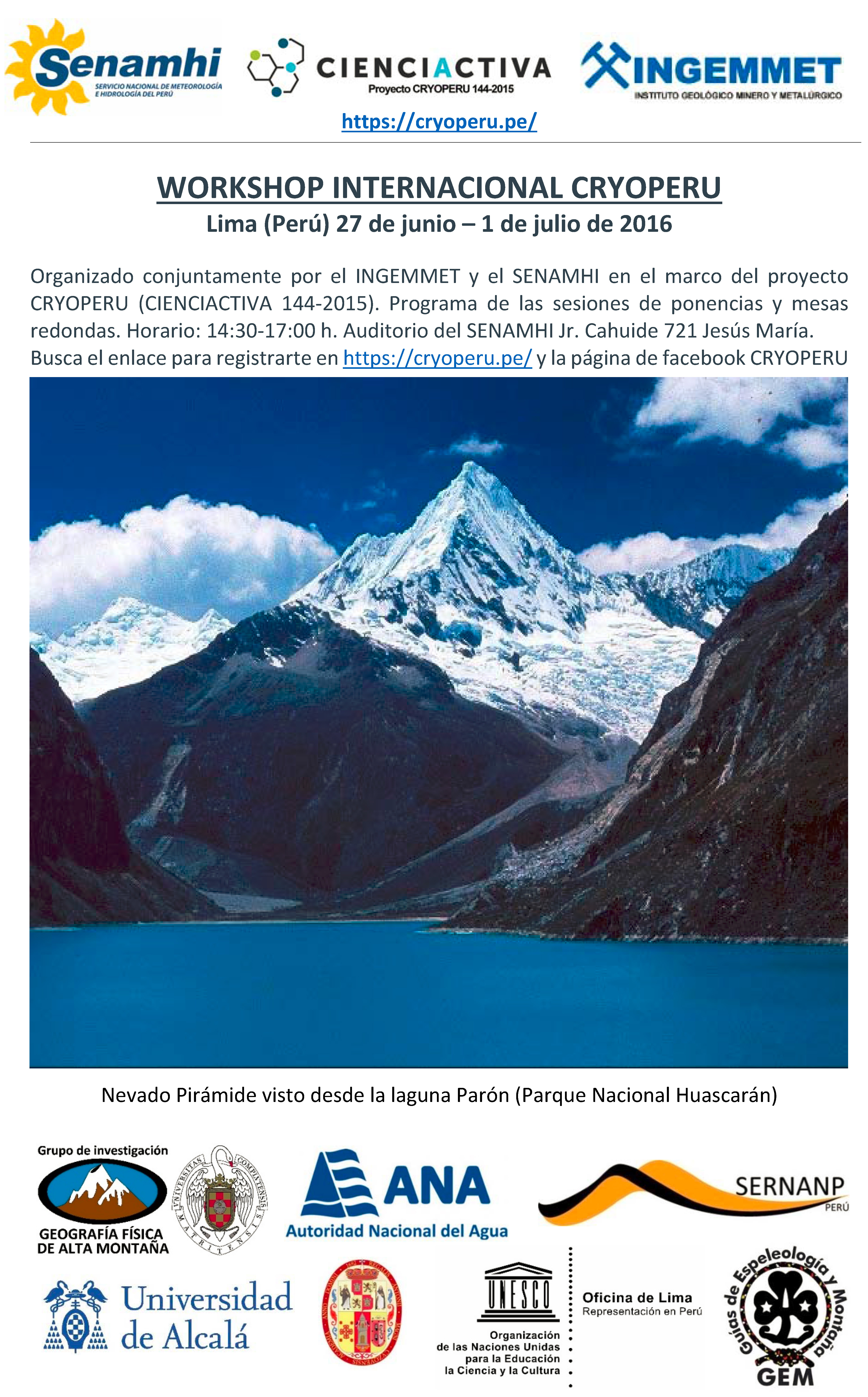 Anuncio workshop CRYOPERU 2016 para NOTICIAS