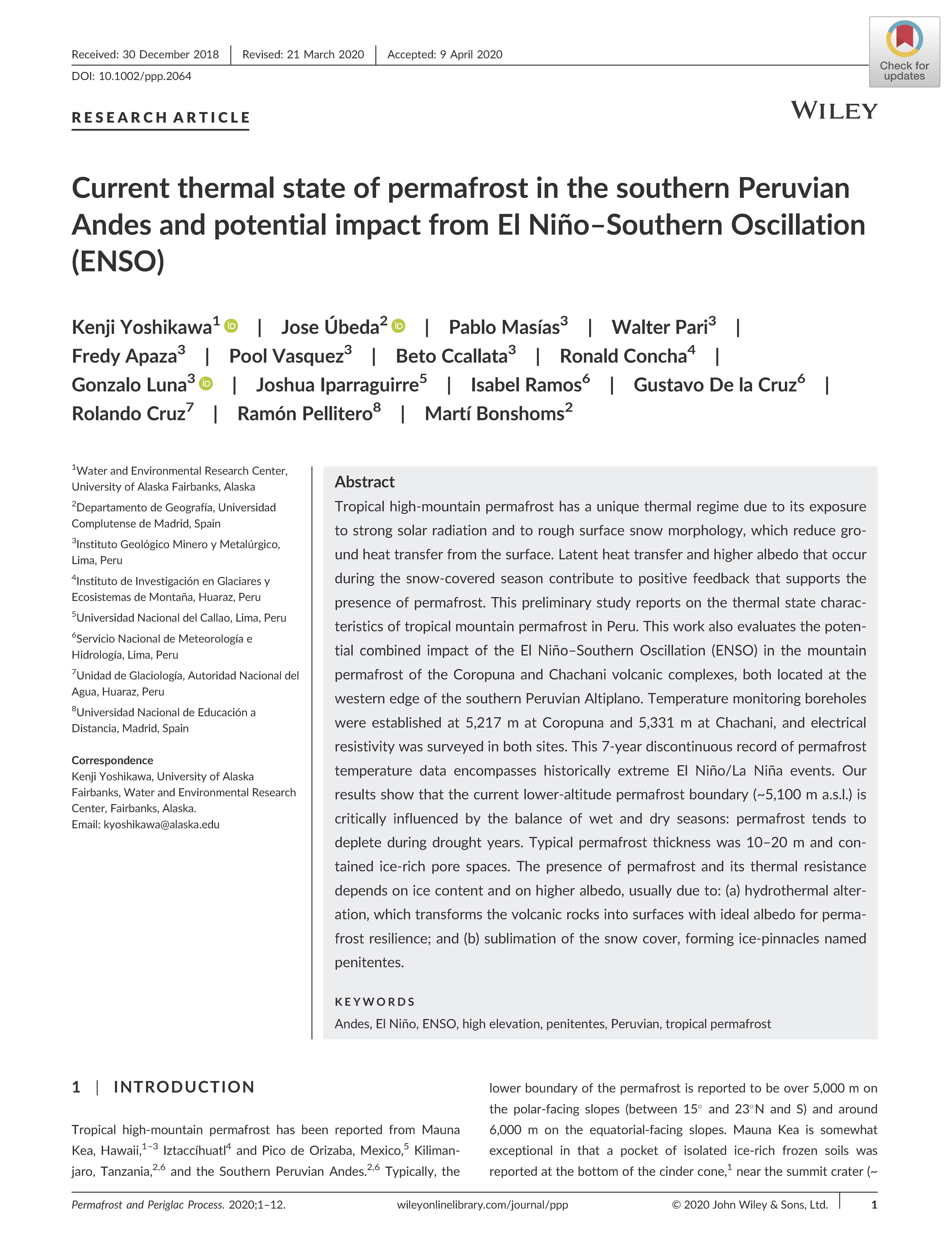 PORTADA Yoshikawa et al (2020). Peruvian permafrost ENSO